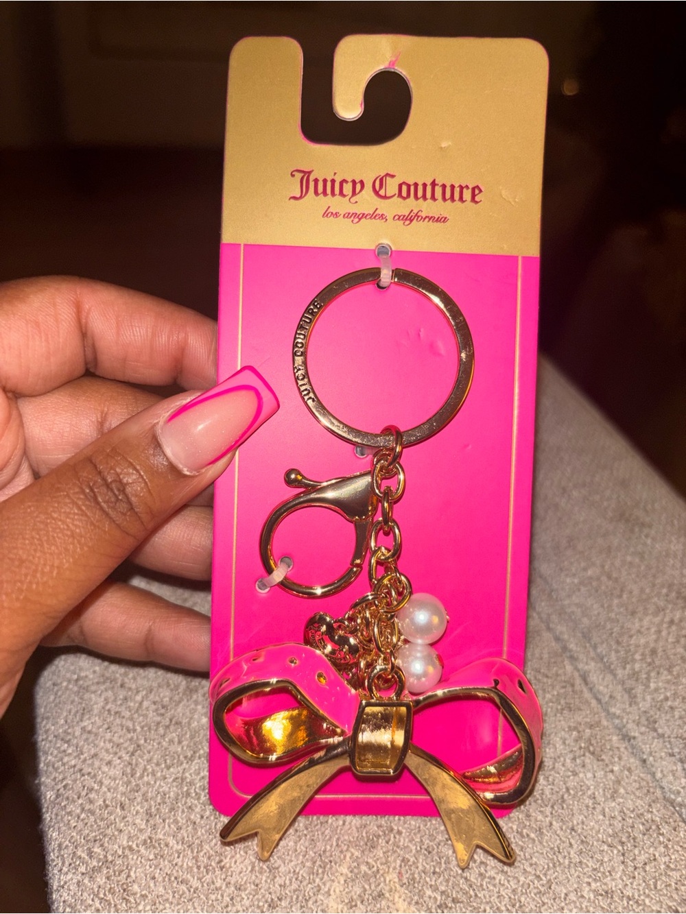 Juicy Couture Gold Bow Key & Card Holder with Pink Backing and Pearl Charms